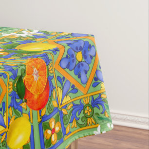 Mantel Verano, baldosas sicilianas, cítricos, naranjas, 