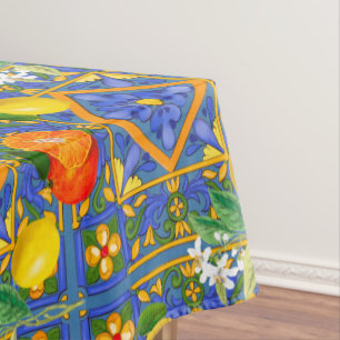 Mantel Verano, baldosas sicilianas, cítricos, naranjas, 
