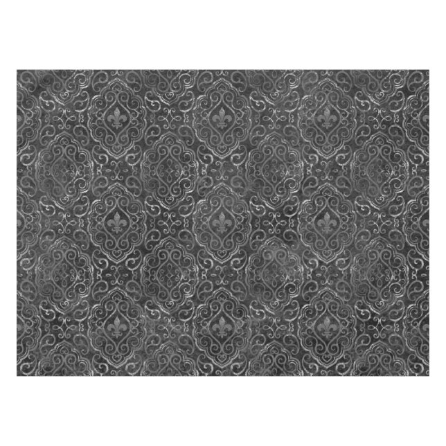 Mantel Vintage Fleur de Lis | Damasco negro plateado (Frente (Horizontal))