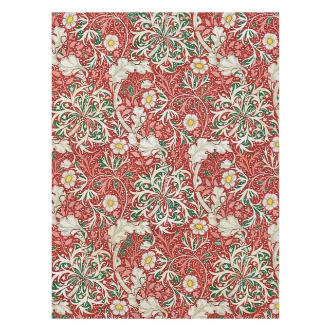 Mantel William Morris Seaweed Flor antigua Verde Rojo (Anverso)