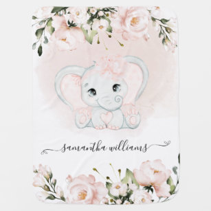 Mantita Para Bebé Flor color de agua rosa y adorable Chica de elefan