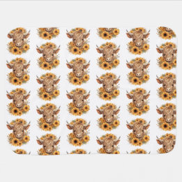 Mantita Para Bebé Patrón de vaca Highland Sunflower Blanco inicial