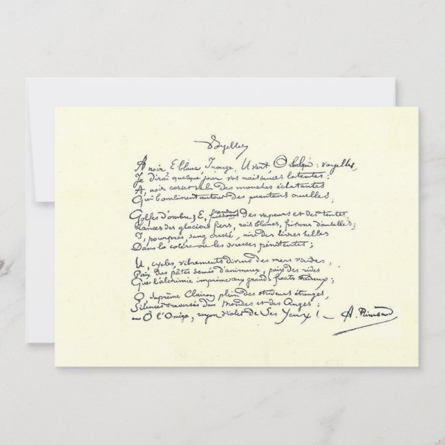 manuscrito autógrafo de la tarjeta Voyelles (Rimba (Anverso)