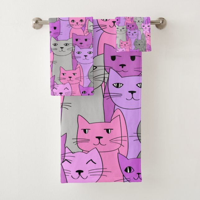 Many Pink Cats Design Bath Towel Set (In situ)