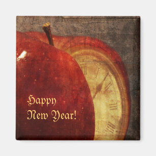 manzana e imán de la Feliz Año Nuevo del reloj