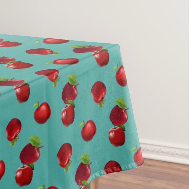 Manzanas rojas sobre mantel de mesa esmeralda teal (In Situ)