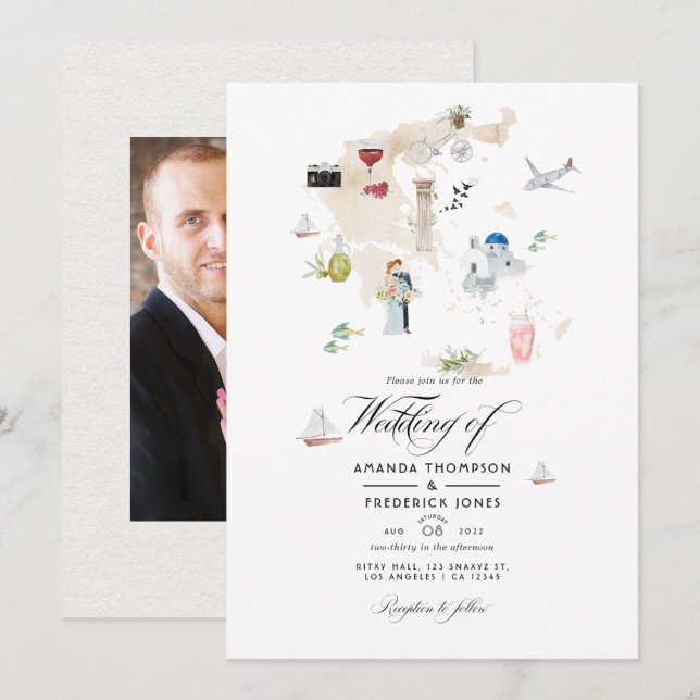 Mapa acuarela de la invitación a la boda de destin (Anverso / Reverso)