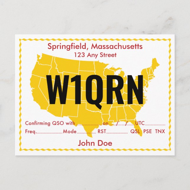 Mapa amarillo de la tarjeta QSL Retro USA (Anverso)