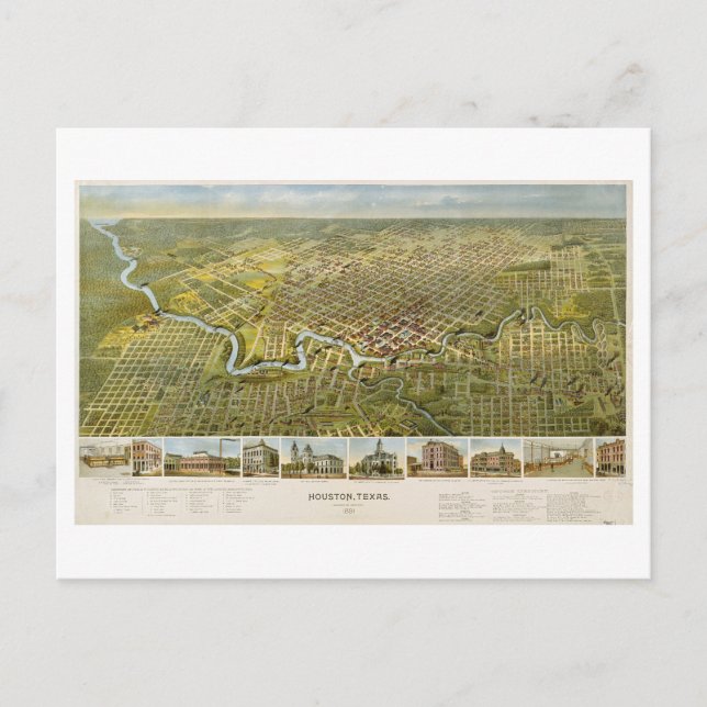 Mapa antiguo de Houston, Texas, postal de 1891 (Anverso)