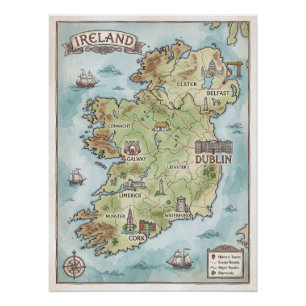 Mapa Antiguo de Irlanda - Póster de la Isla Esmera