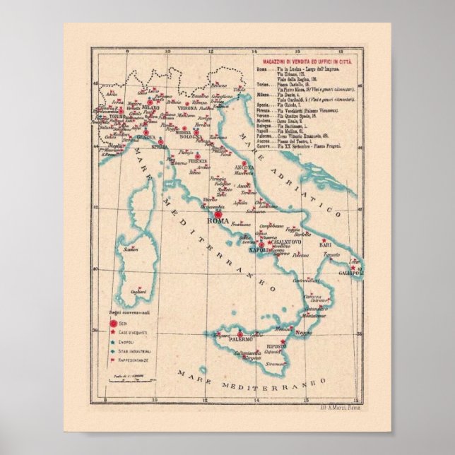 Mapa antiguo de Italia impresión de 8 X 10 (Frente)