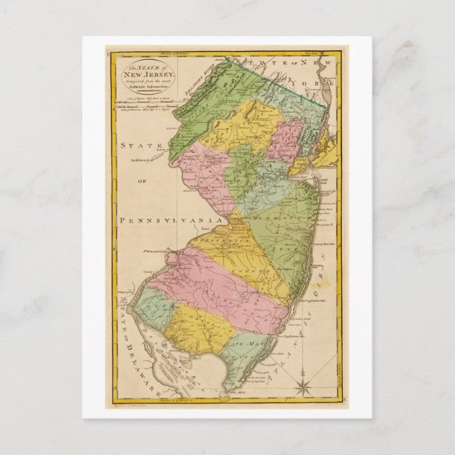 Mapa antiguo de la postal de Nueva Jersey de 1815 (Anverso)
