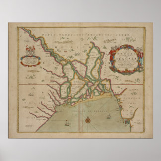 Mapa antiguo del río Ganges / India, impresión Pos