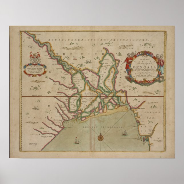 Mapa antiguo del río Ganges / India, impresión Pos (Frente)
