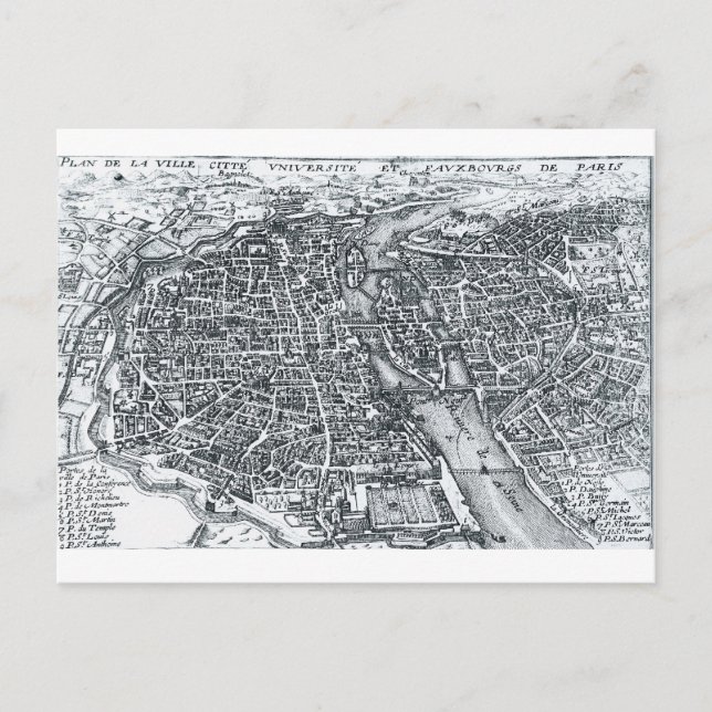 Mapa callejero del siglo XVII de París, postal de  (Anverso)