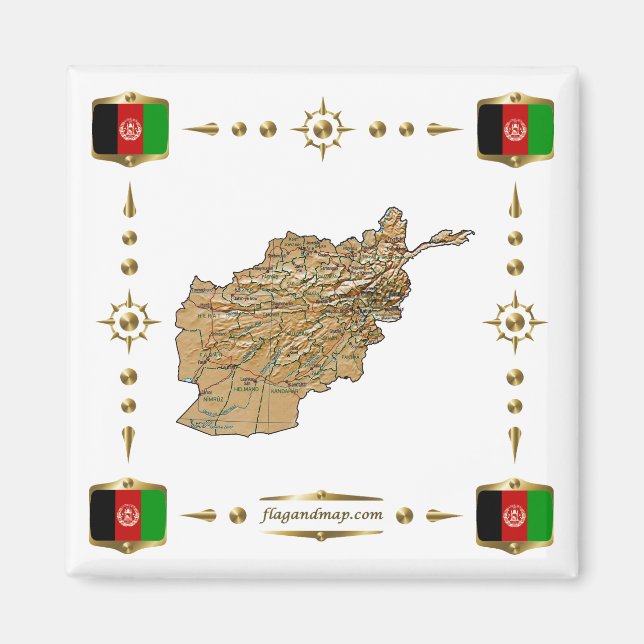 Mapa de Afganistán + imán de banderas (Frente)
