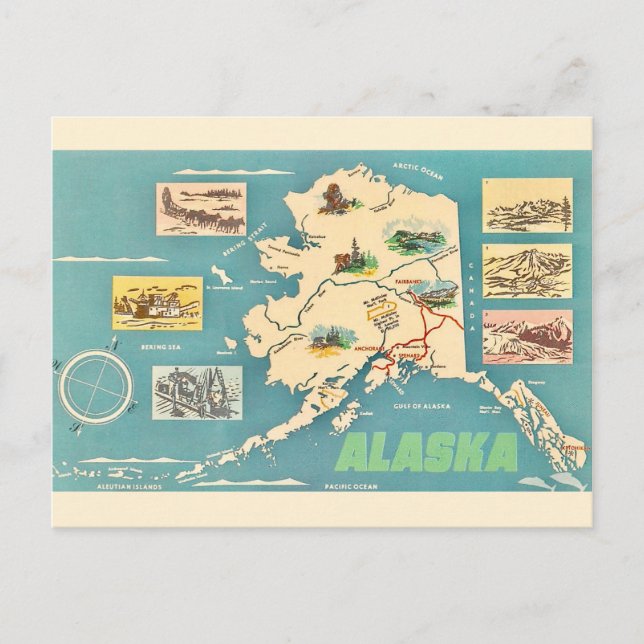 Mapa de Alaska Tarjeta Postal Retro (Anverso)