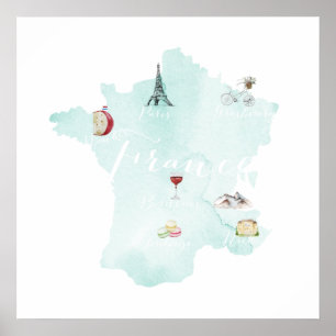 Mapa de arte de pared de acuarela ilustrado en Fra