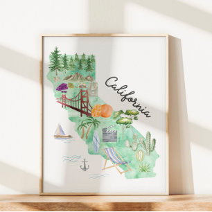 Mapa de arte del estado de California en acuarela