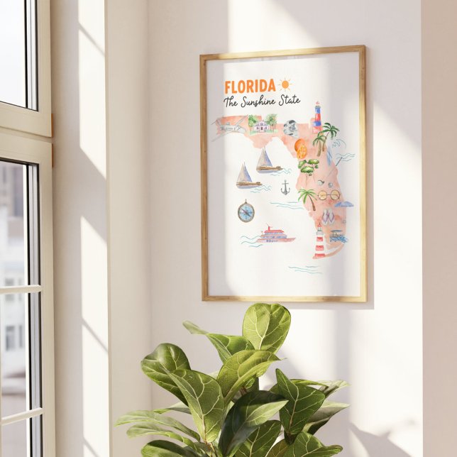 Mapa de arte del estado de Florida en acuarela (In situ Beside the window)