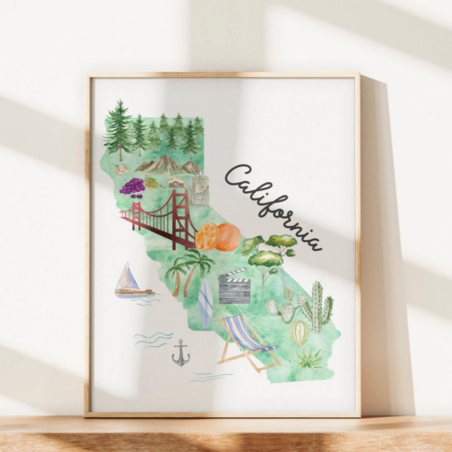 Mapa de arte estatal de Watercolor California (In situ under sunlight)