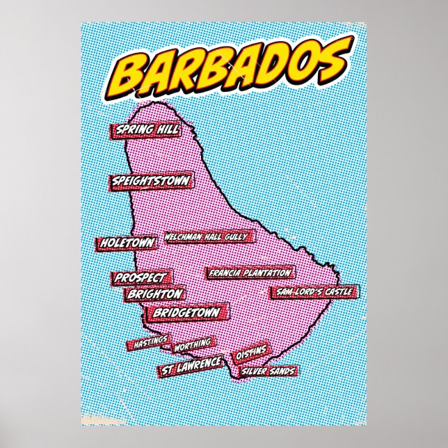 Mapa de Arte Pop ilustrado de Barbados (Frente)