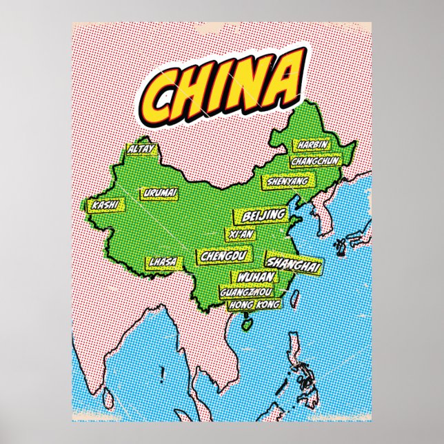 Mapa de Arte Pop ilustrado de China (Frente)
