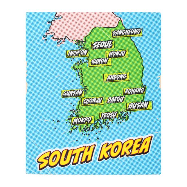 Mapa de arte pop ilustrado de Corea del Sur (Anverso)