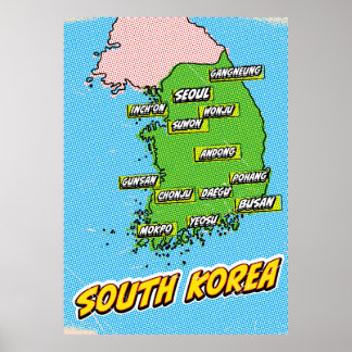 Mapa de arte pop ilustrado de Corea del Sur