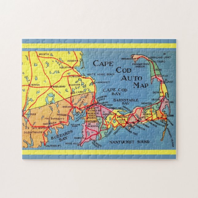 Mapa de Automóvil de Cape Cod 11x14 Rompecabezas (Horizontal)