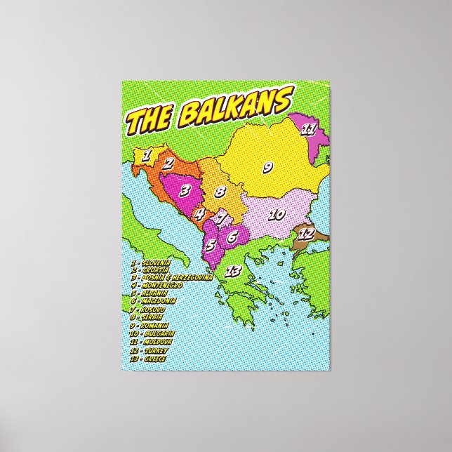 Mapa de Balcanes ilustrados de arte pop (Anverso)