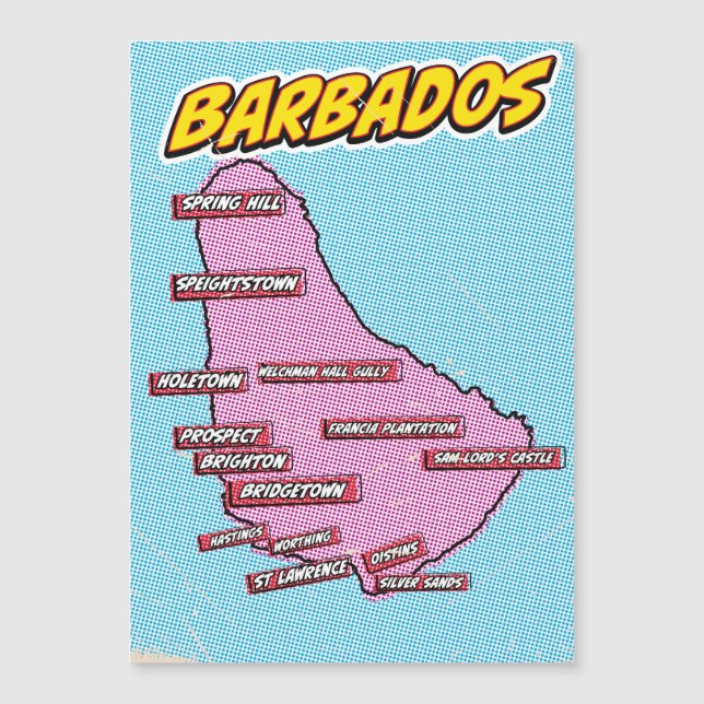Mapa de Barbados ilustrado al estilo Pop Art (Anverso)