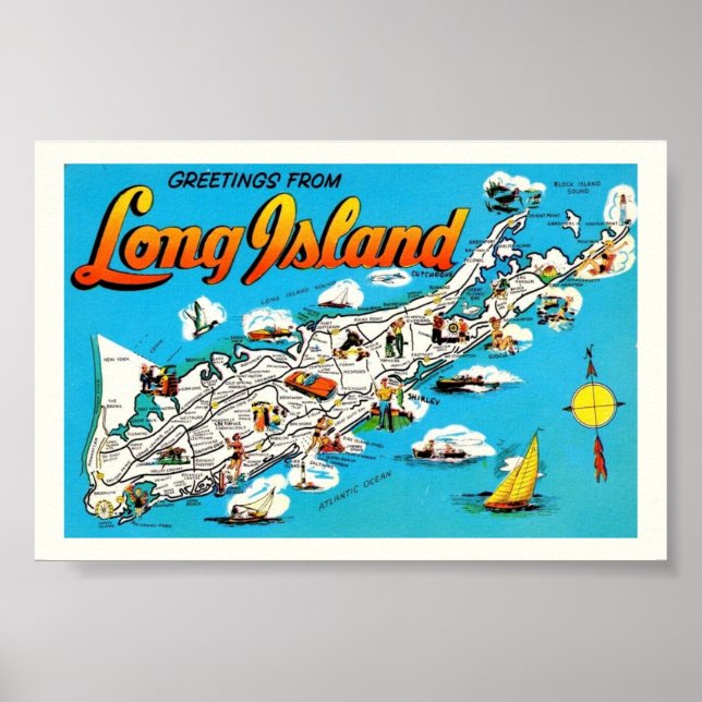 Mapa de bienvenida de Long Island Impresión 6x4 (Frente)