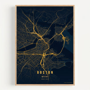 Mapa de Boston Impresión Dorada Arte de Pared de l