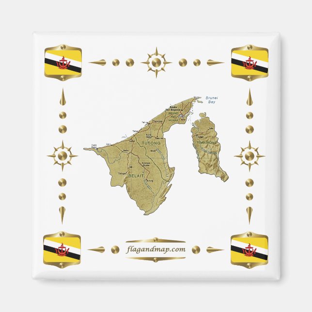 Mapa de Brunéi + Imán de Banderas (Frente)