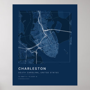 Mapa de Charleston SC en azul marino Arte Impreso