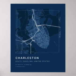 Mapa de Charleston SC en azul marino Arte Impreso