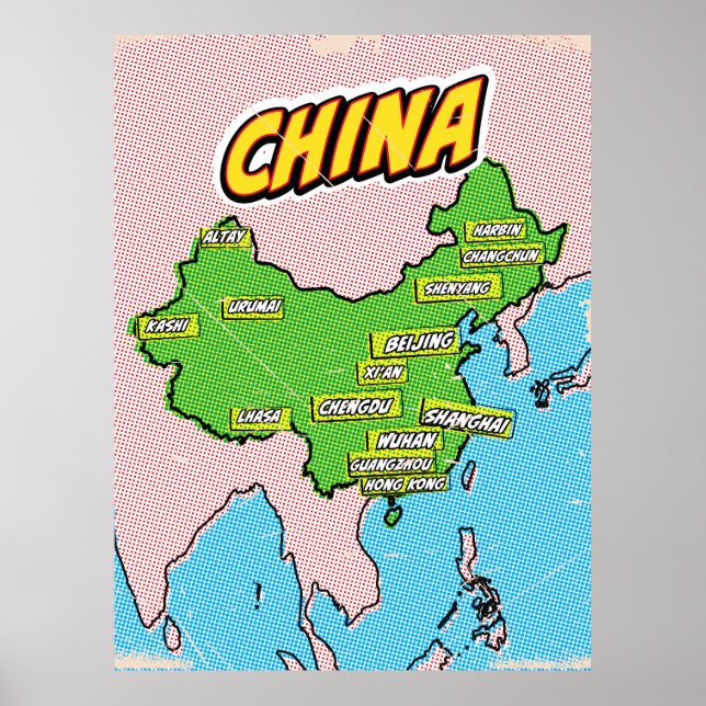 Mapa de China ilustrado con arte pop (Frente)