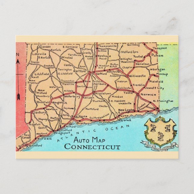 Mapa de Connecticut en postal (Anverso)
