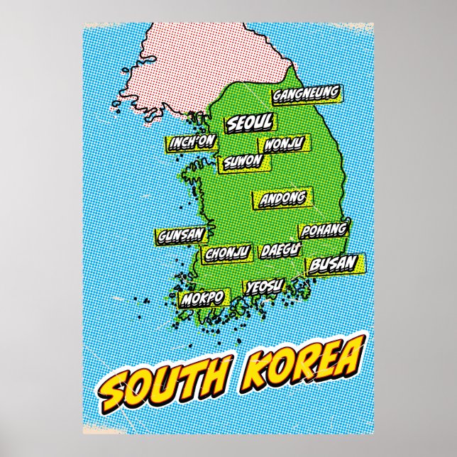 Mapa de Corea del Sur ilustrado con arte pop (Frente)