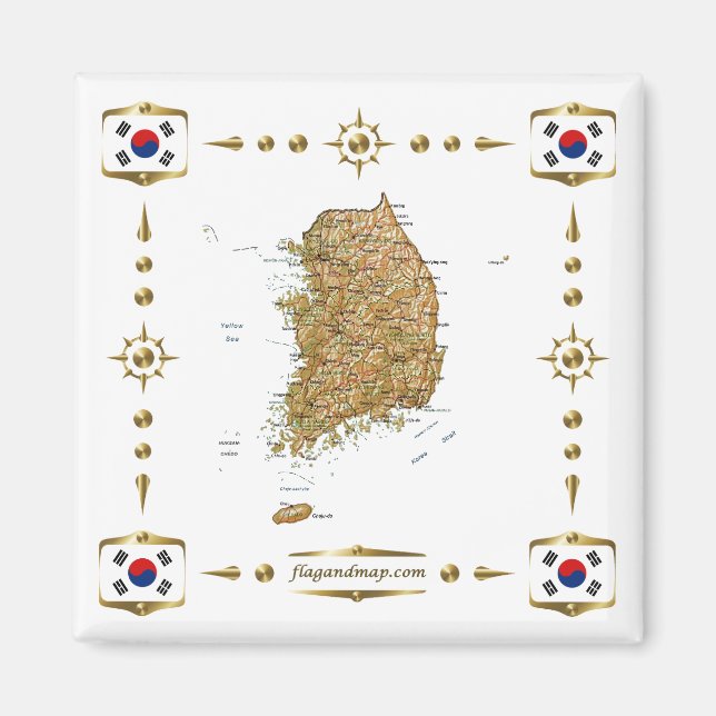 Mapa de Corea del Sur + imán de banderas (Frente)