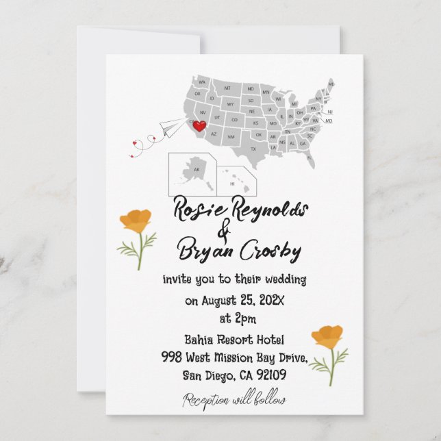 Mapa de destino de EE.UU. Invitación de boda (Anverso)