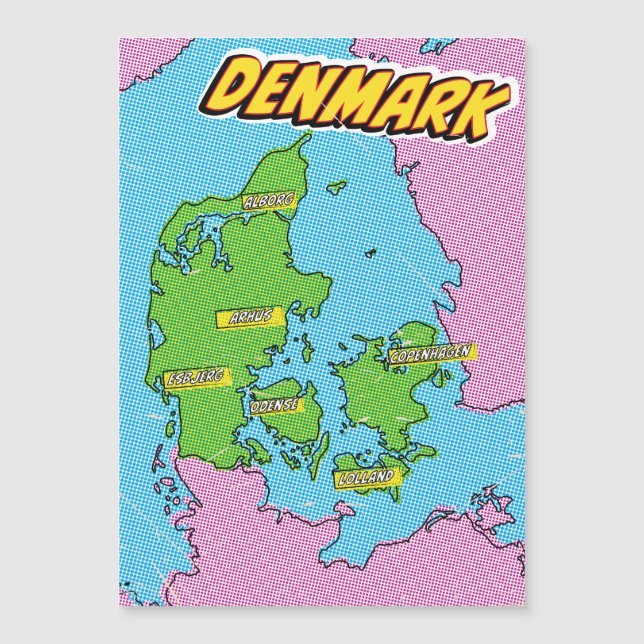 Mapa de Dinamarca ilustrado con arte pop (Anverso)