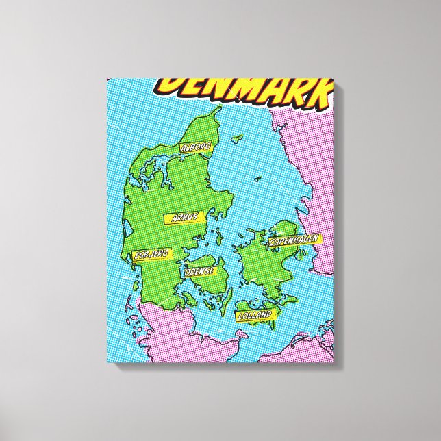 Mapa de Dinamarca ilustrado con arte pop (Anverso)