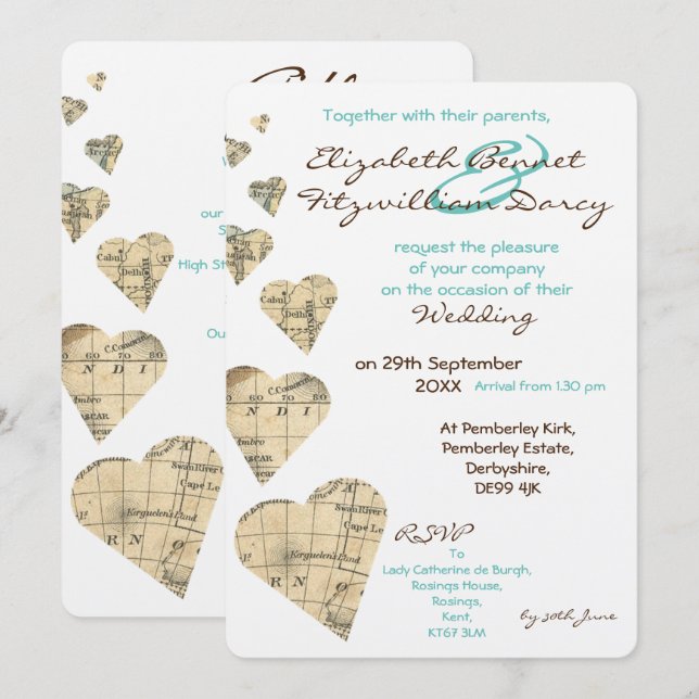 Mapa de época Corazones Invitación a la boda (Anverso / Reverso)