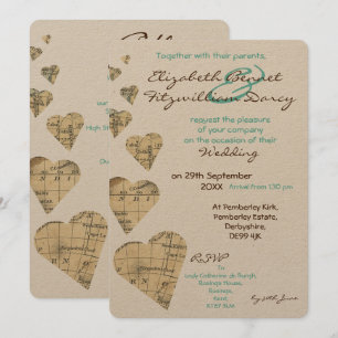 Mapa de época Corazones Invitación a la boda