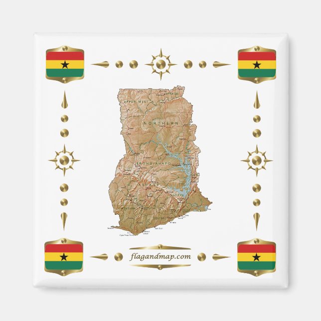 Mapa de Ghana + imán de banderas (Frente)