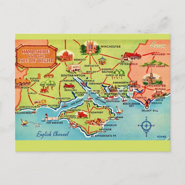 Mapa de Hampshire e Isla de Wight en postal (Anverso)