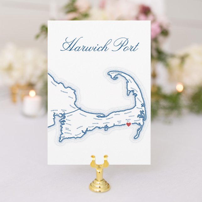 Mapa de Harwich Port en Cape Cod Tarjeta de nombre (Cape Cod Wedding Table Town Name cards with editable places and elegant navy blue Harwich Port map)