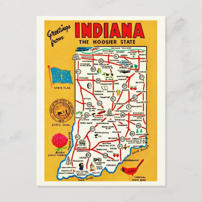 Mapa de Hoosier de Indiana en postal (Anverso)